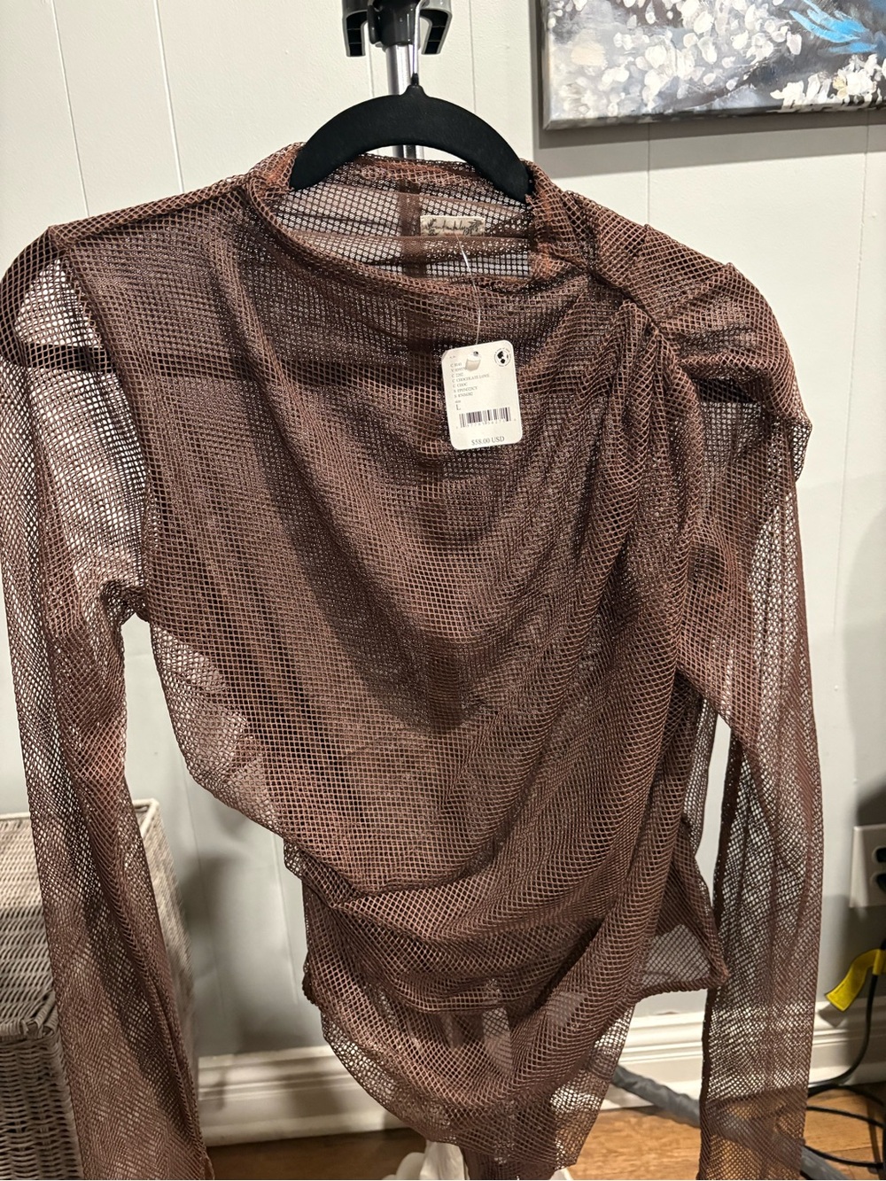 Free People Chocolate Brown Sheer Mesh Long Sleeve bodysuit with liner